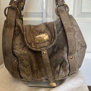 Michael Kors Beige Taupe Snake-Embossed Shoulder Hobo Bag with Gold Hardware